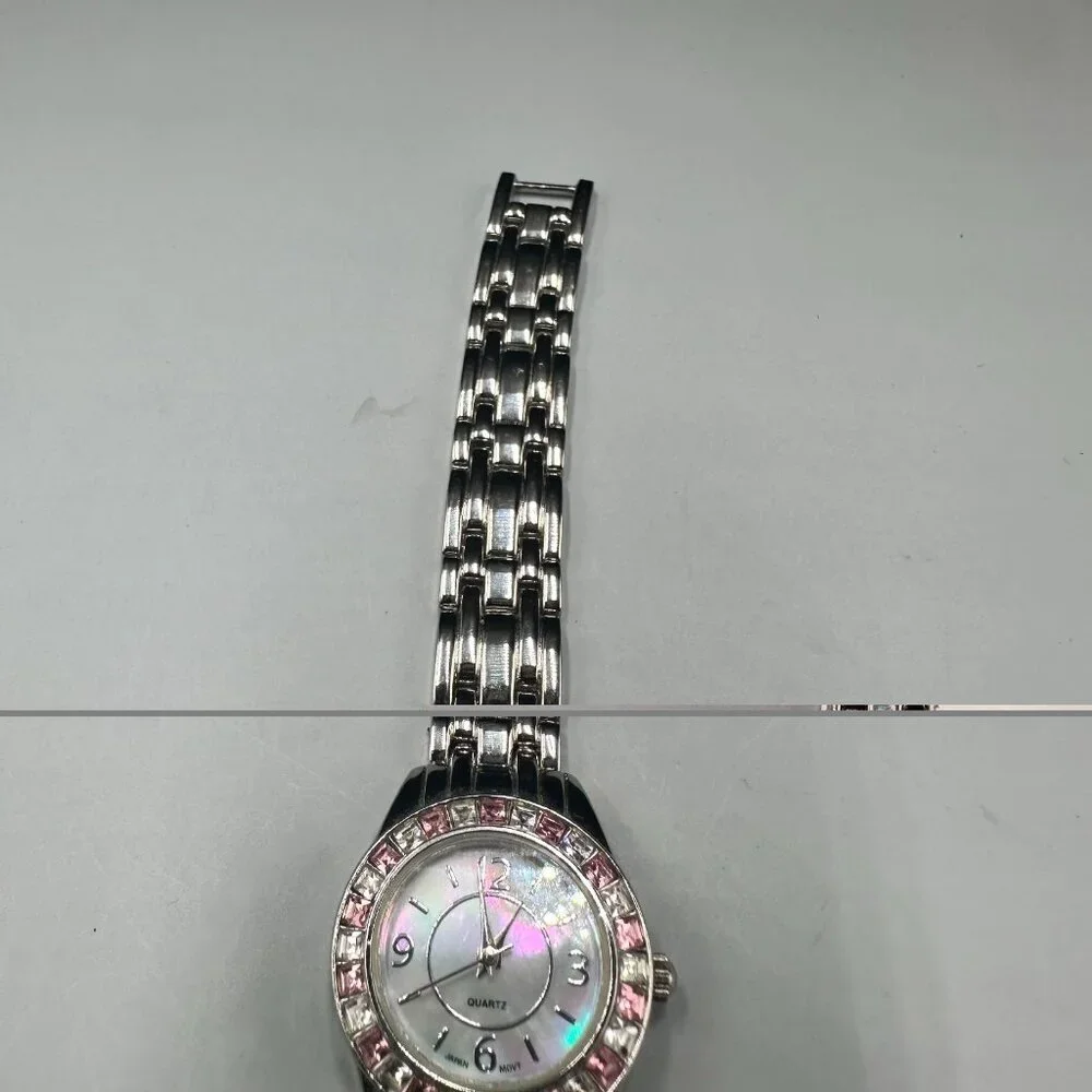 M. Z. Berger Watch Women Silver Tone Pink White Crystal Bezel New Battery